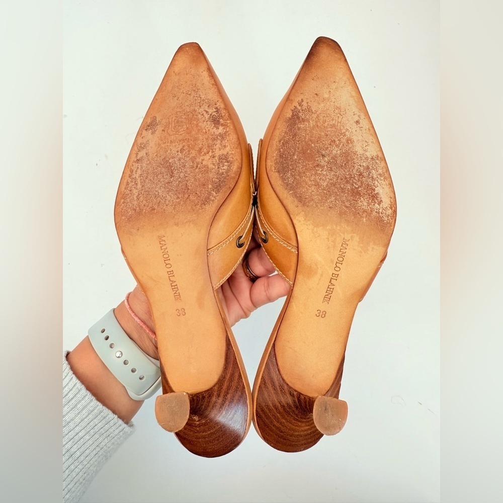 Manolo Blahnik Vintage Brown Leather Bow Lace Up Kitten Heel Mule pumps EU 38 - Picture 5 of 8